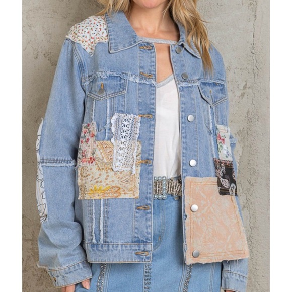 Patchwork Denim and Lace Jacket Distressed Boho Denim Shacket Mixed Floral Lace - Picture 1 of 17